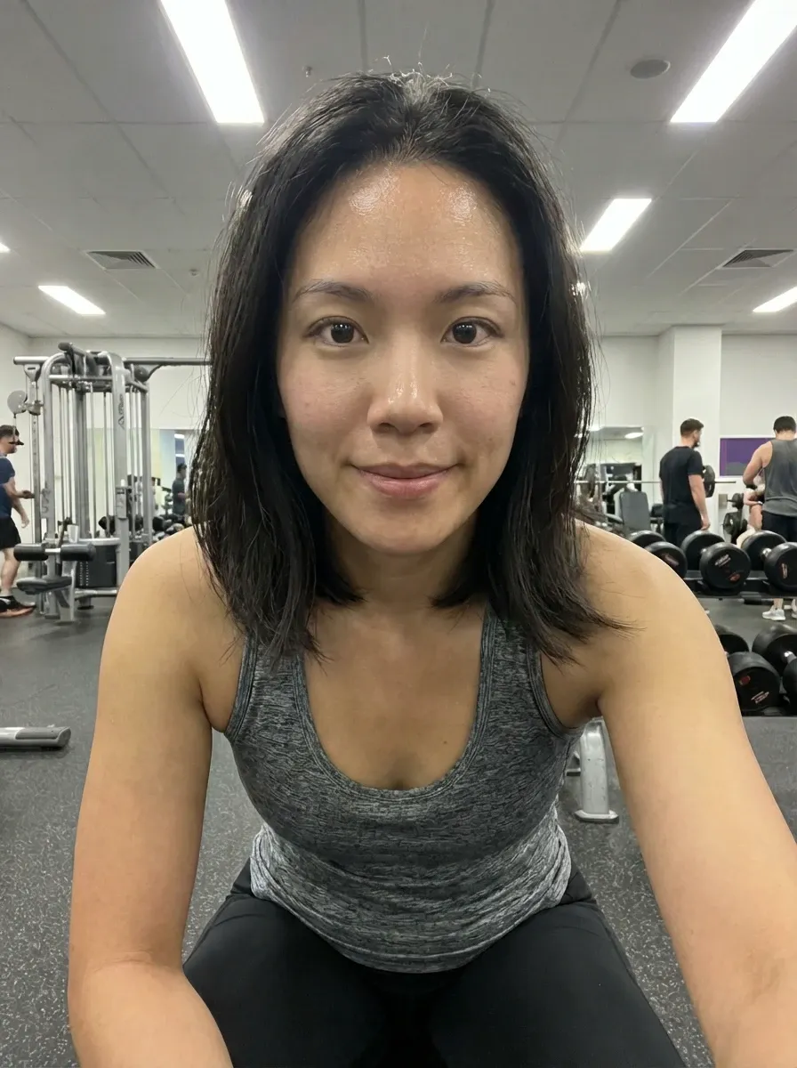 Original selfie input — woman in a gray athletic top at the gym